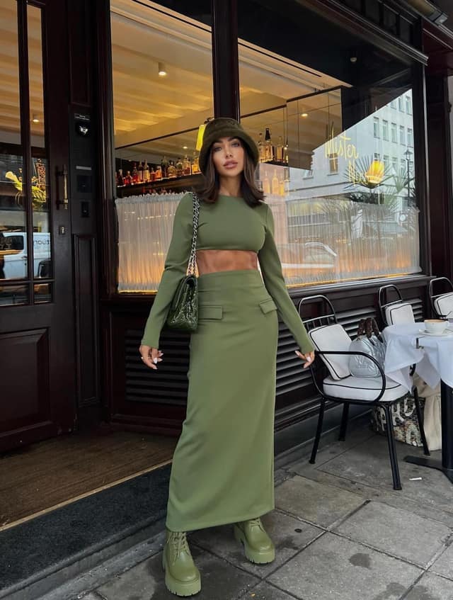 Olive Green Co-Ord Set with Cropped Top and Maxi Skirt