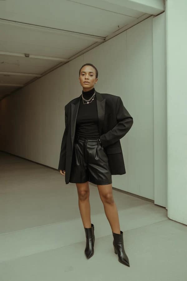 Black Oversized Blazer Outfit with Leather Shorts