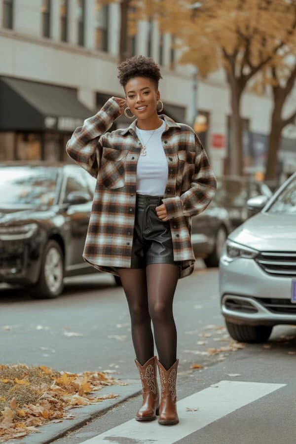 Oversized Plaid Shacket Outfit with Leather Shorts Fall