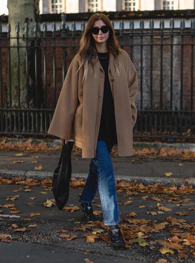 Camel Oversized Coat Black Knit Straight Leg Jeans Outfit