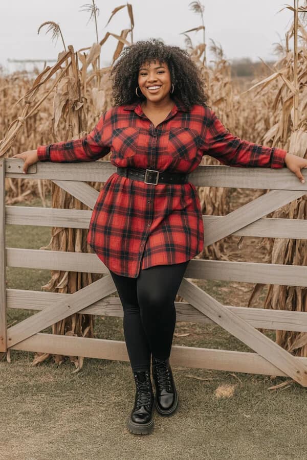 Red Buffalo Plaid Shirt Dress Outfit with Black Belt and Platform Boots