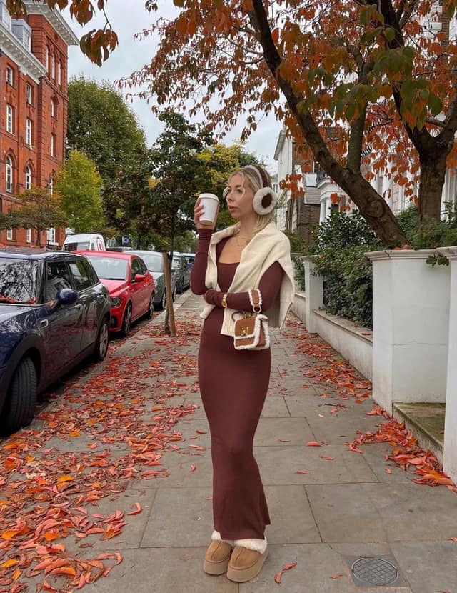 Chocolate Brown Knit Dress Outfit with Cream Vest