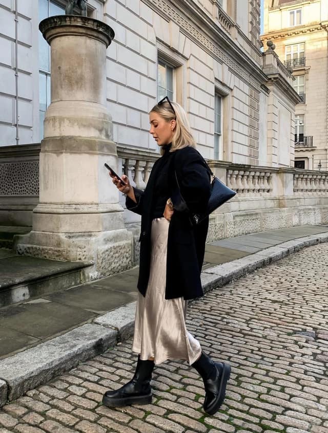 Black Blazer Champagne Satin Skirt Platform Boots Outfit