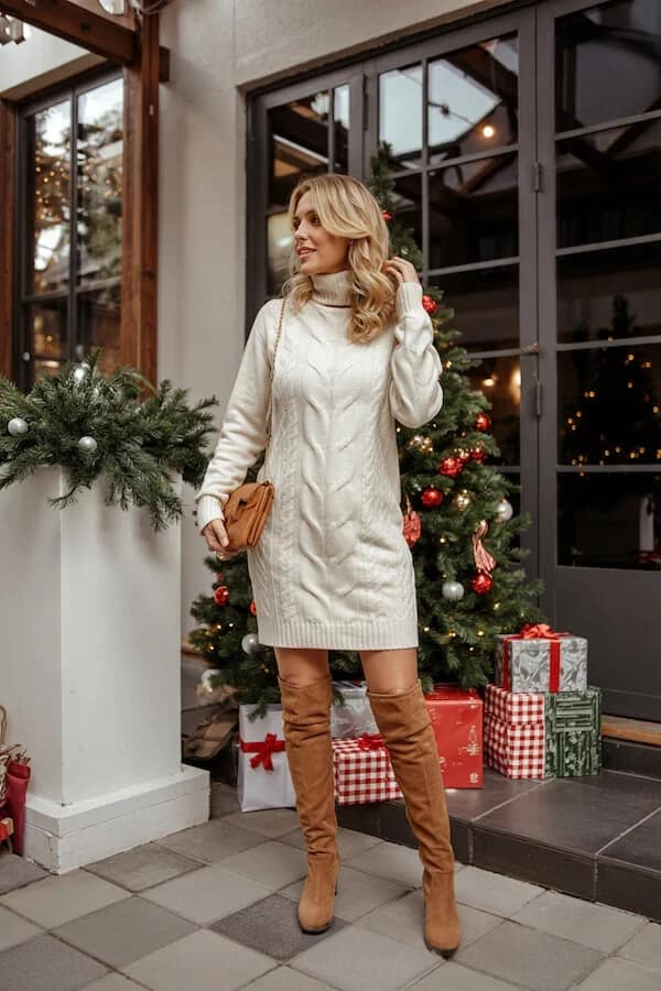 Cream Cable Knit Sweater Dress with Tan Over-the-Knee Boots