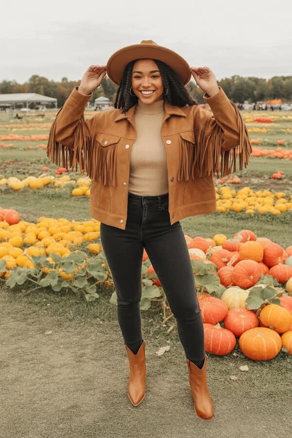 Tan Fringe Suede Jacket Outfit with Black Jeans