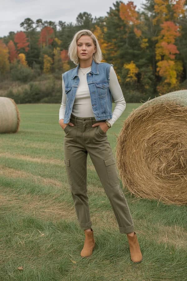 Denim Vest Olive Cargo Pants Outfit for Fall