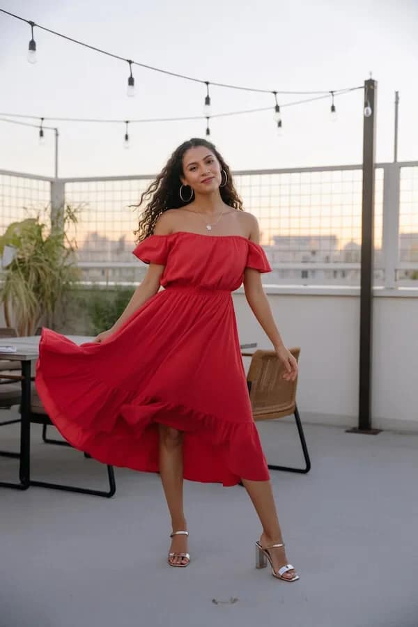 Red Off-Shoulder Midi Dress Summer Outfit