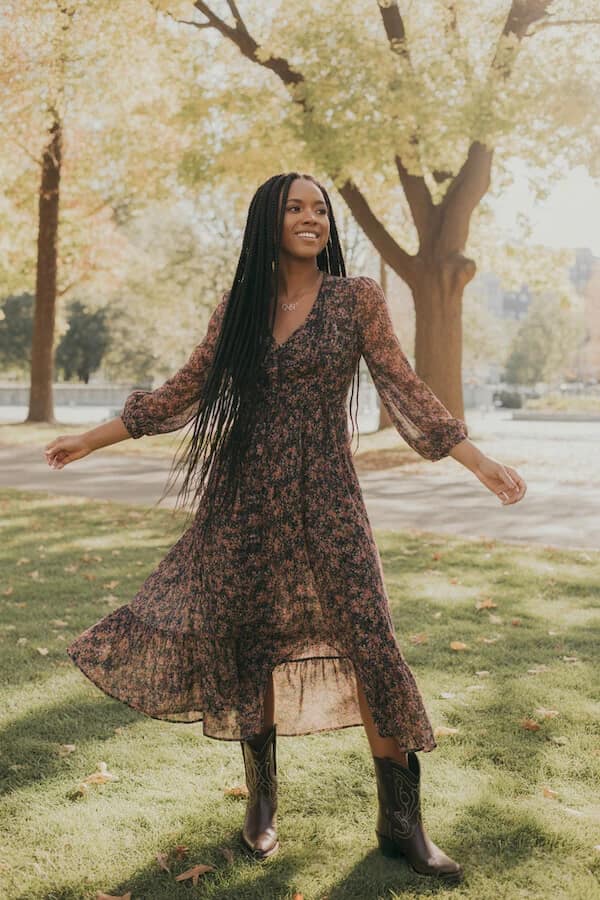Floral Midi Dress with Western Boots Fall Outfit