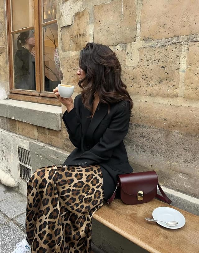 Black Blazer Leopard Midi Skirt Outfit