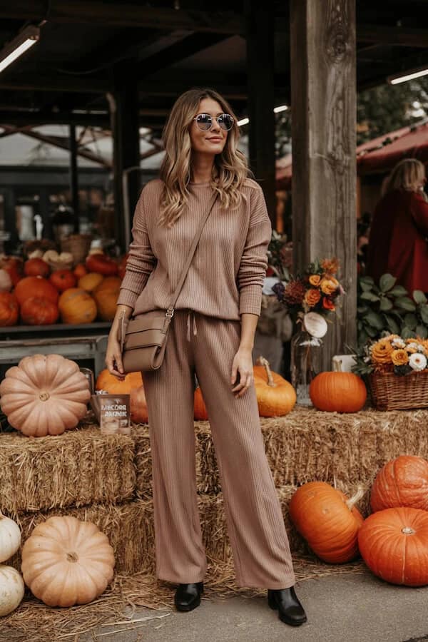 Beige Ribbed Knit Co-Ord Set with Wide-Leg Trousers