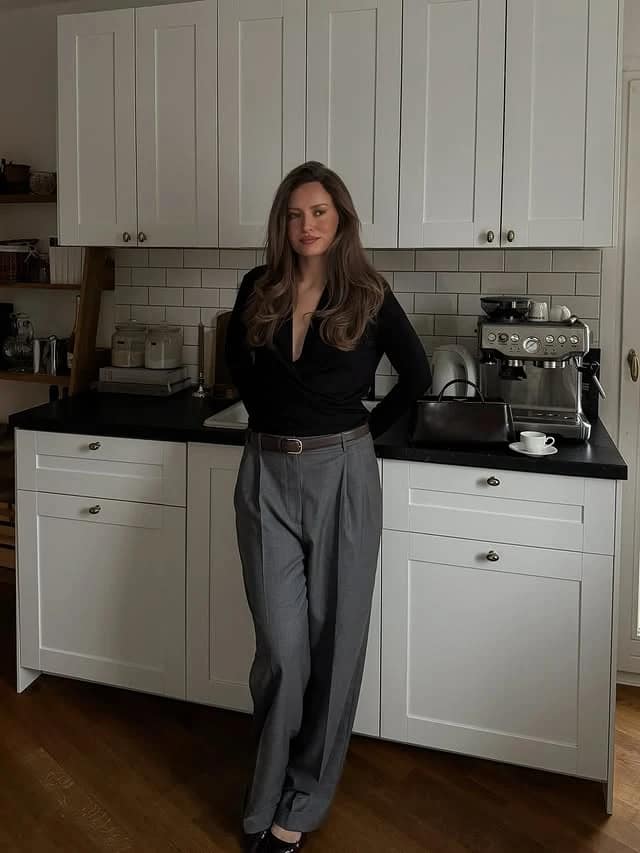 Black Bodysuit Gray Wide-Leg Trousers Work Outfit