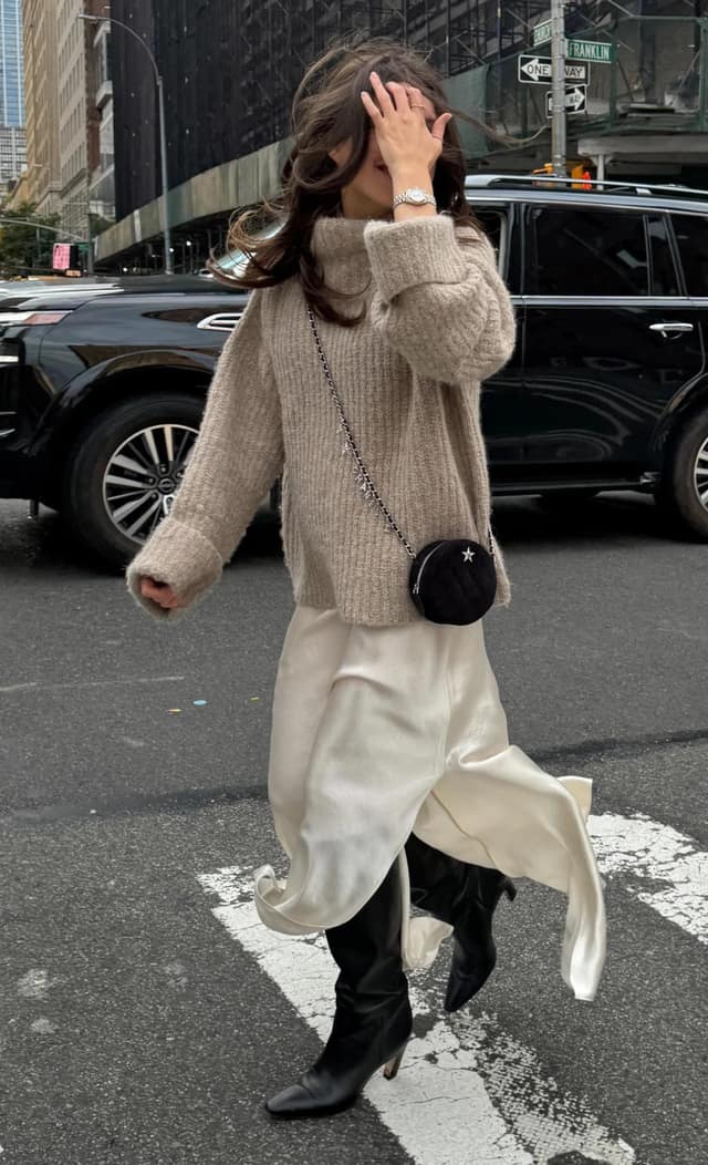 Oversized Taupe Sweater Outfit with Cream Silk Midi Skirt