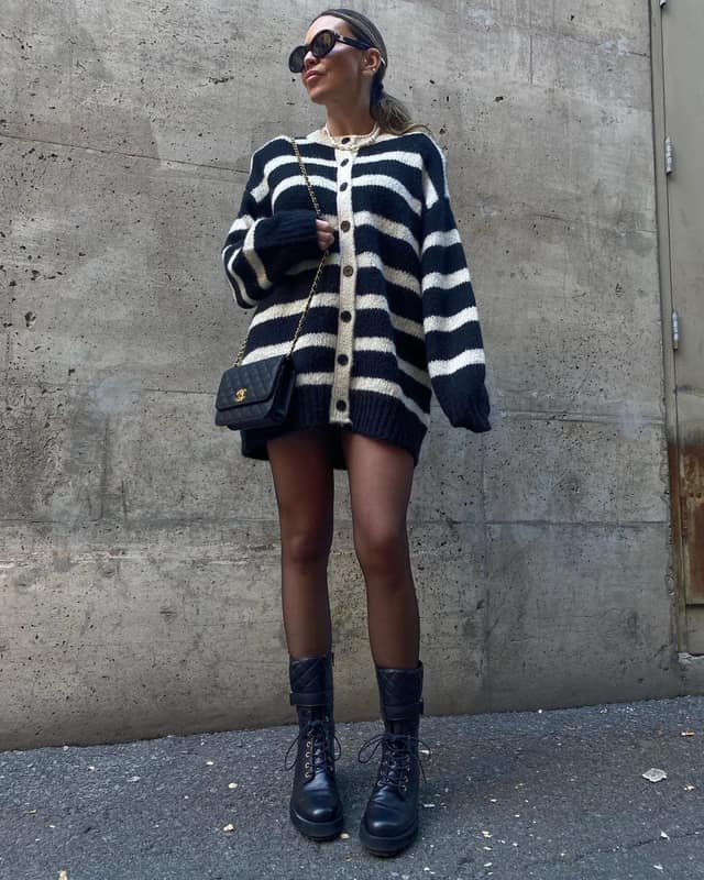 Oversized Striped Cardigan Outfit with Mini Skirt and Combat Boots