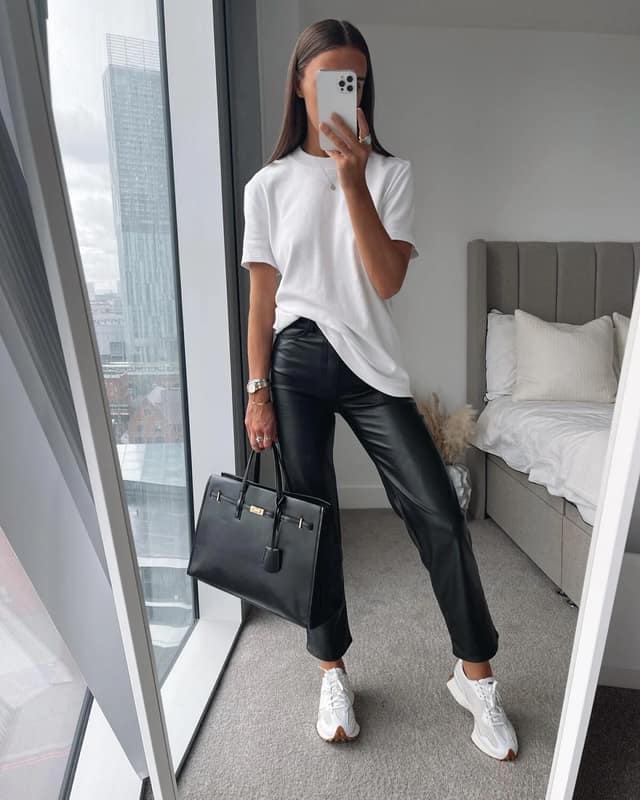 White Tee Black Leather Trousers Outfit with Sneakers