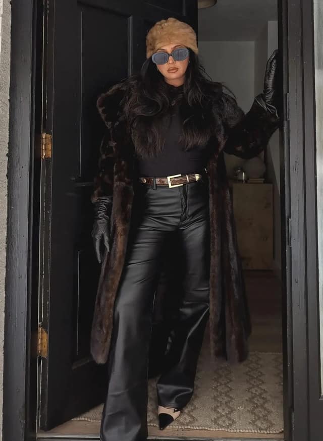 Black Faux Fur Coat Outfit with Leather Wide-Leg Trousers
