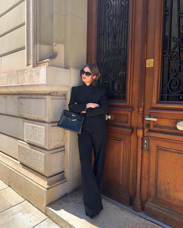 Black Shirt Wide-Leg Trousers Navy Bag Outfit