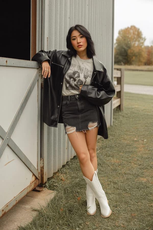 Black Leather Jacket Denim Mini Skirt White Boots Outfit