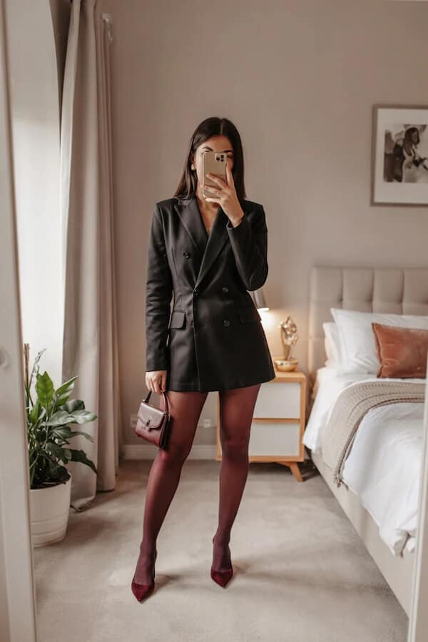 Black Blazer Dress with Burgundy Tights Outfit