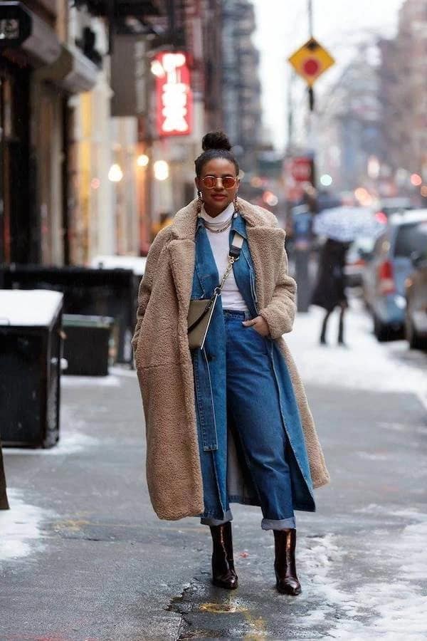 Teddy Coat Denim Jumpsuit Outfit for Winter