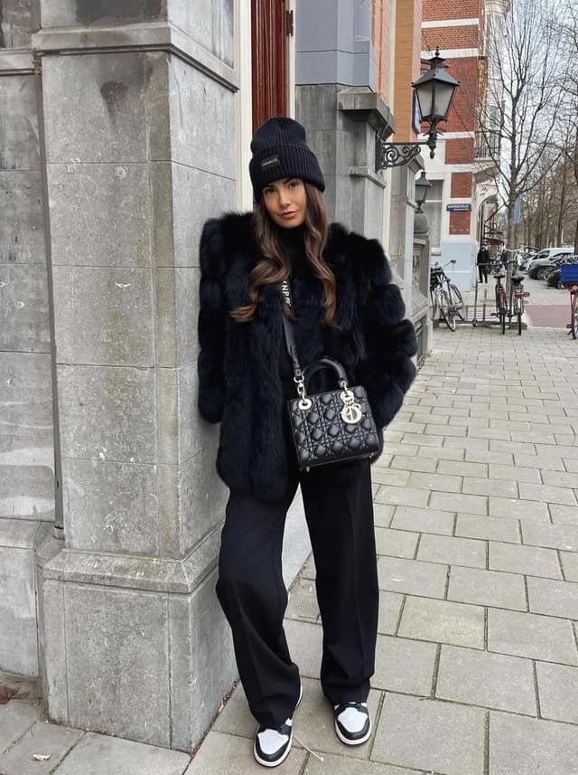 Black Faux Fur Coat Outfit with Wide-Leg Trousers