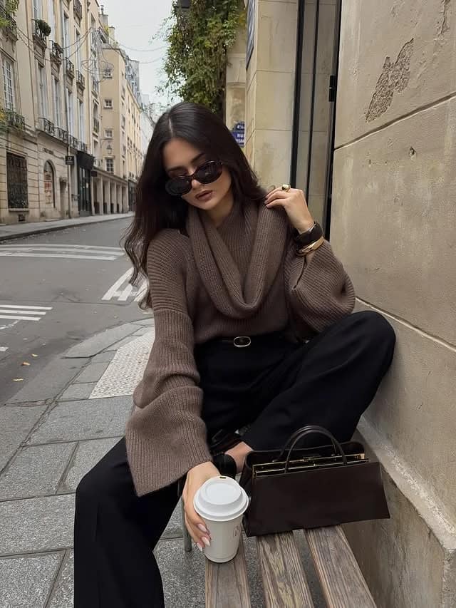 Chocolate Brown Oversized Sweater Outfit with Black Trousers