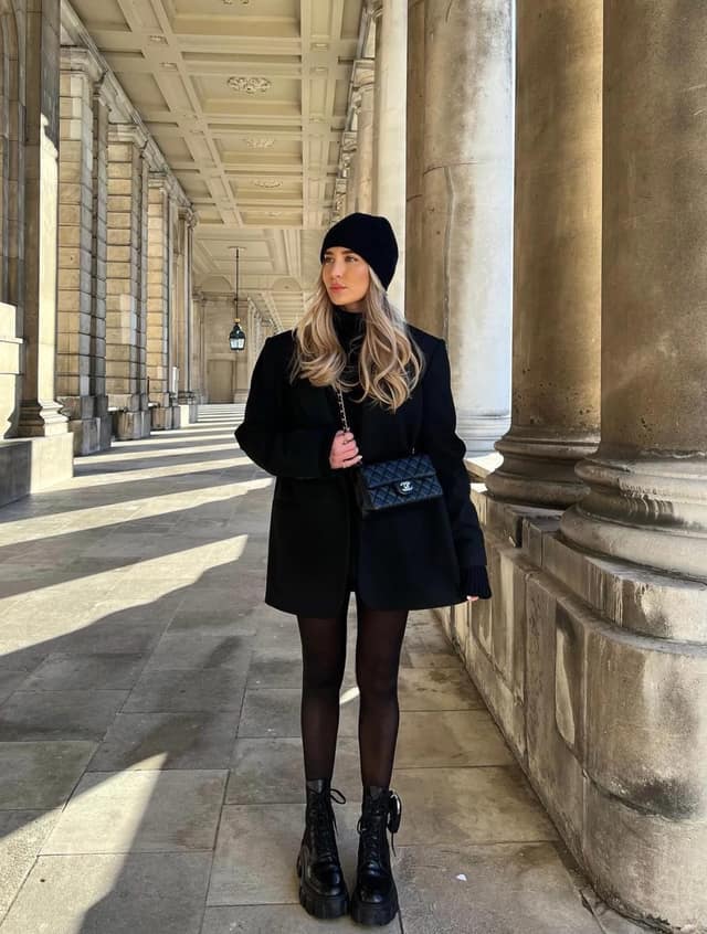 Black Blazer Mini Skirt Outfit with Turtleneck and Platform Boots
