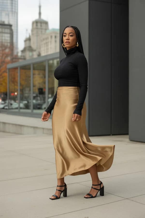 Black Turtleneck Gold Satin Midi Skirt Outfit