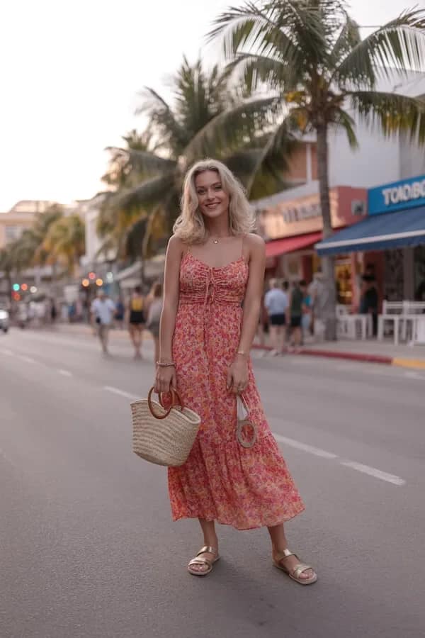 Pink Floral Midi Dress Vacation Outfit with Straw Bag