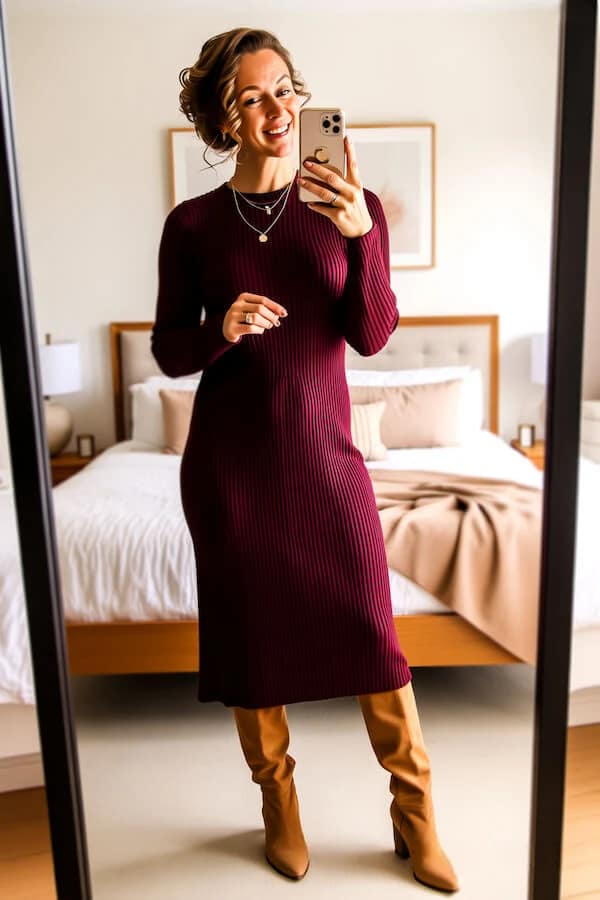Burgundy Ribbed Knit Dress with Tan Knee High Boots