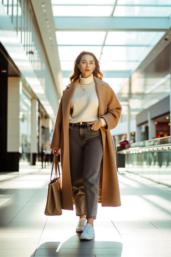 Camel Coat Gray Jeans Outfit with Cream Turtleneck