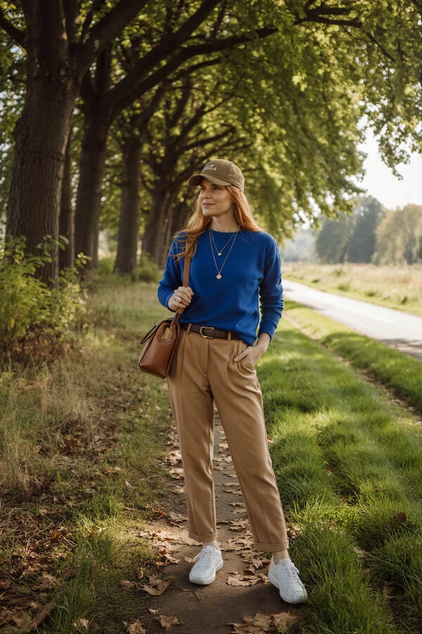 Blue Sweater Camel Trousers Outfit with Baseball Cap