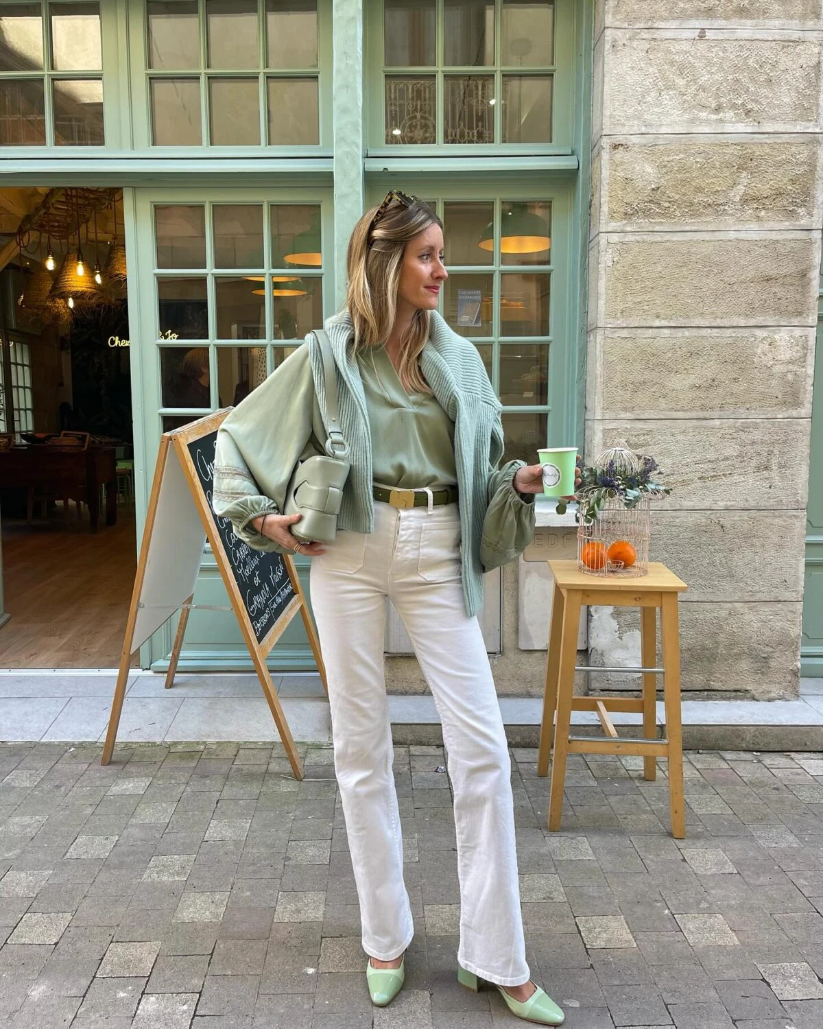 Sage Green Cardigan Outfit with White Flared Jeans