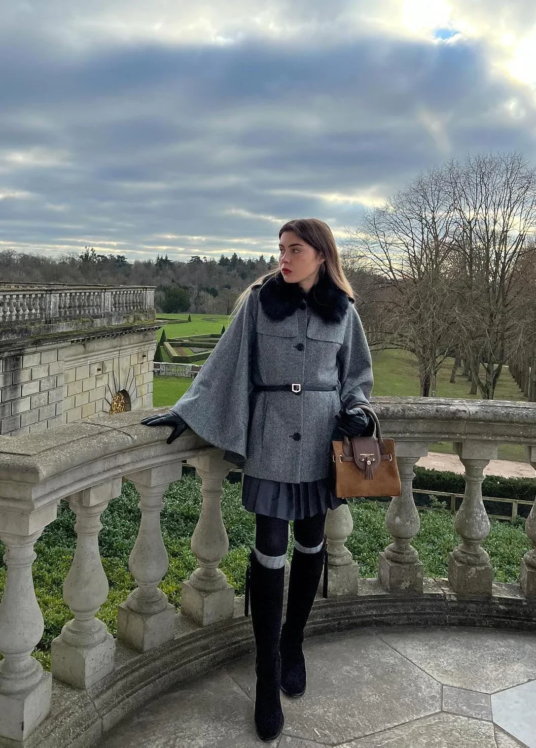 Grey Wool Cape Jacket Outfit with Pleated Skirt