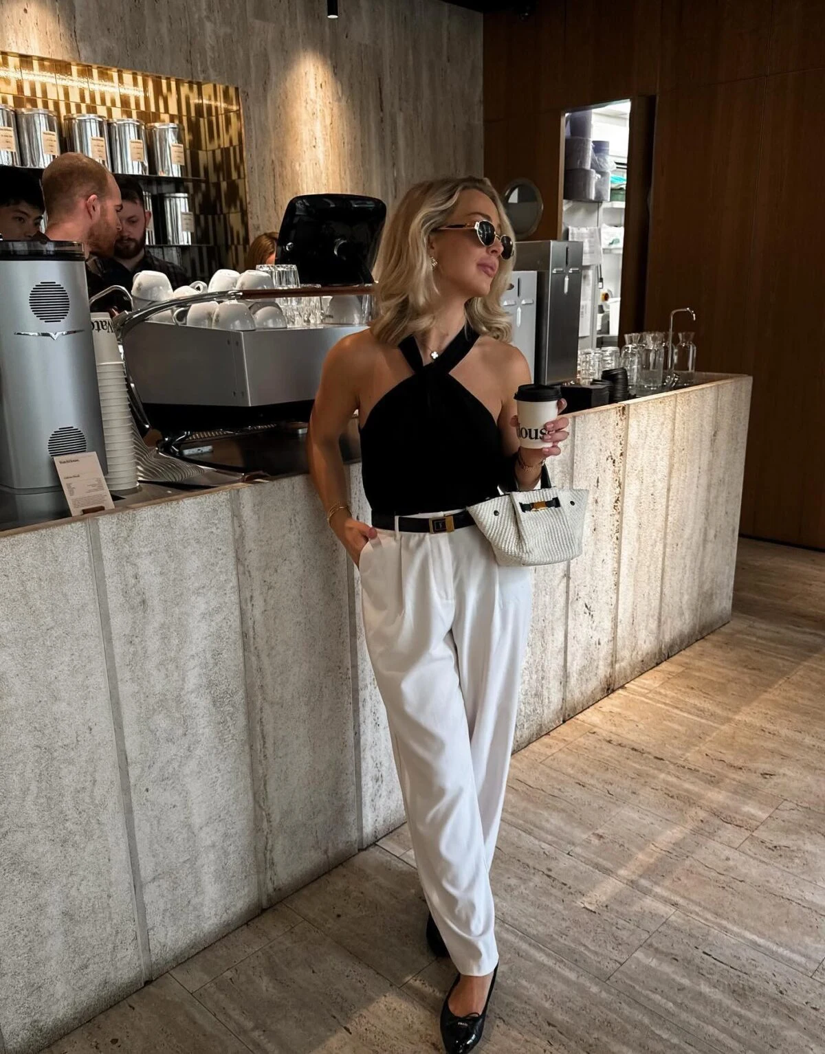 Black Halter Top White Wide-Leg Trousers Gold Belt Outfit
