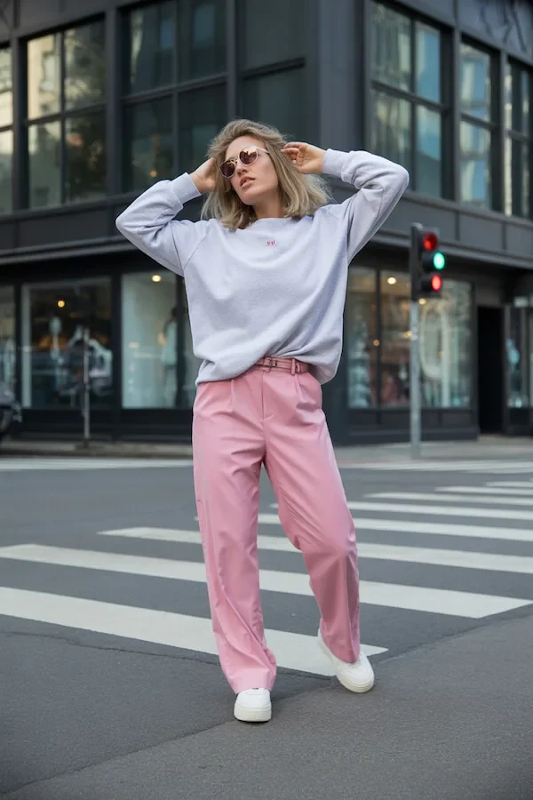 Oversized White Sweatshirt Pink Wide-Leg Trousers Street Style Outfit