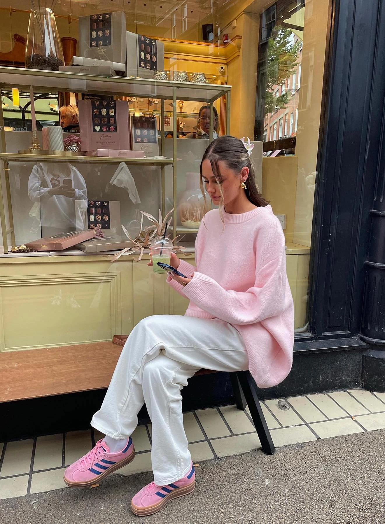 Pink Oversized Sweater Outfit with White Wide-Leg Trousers