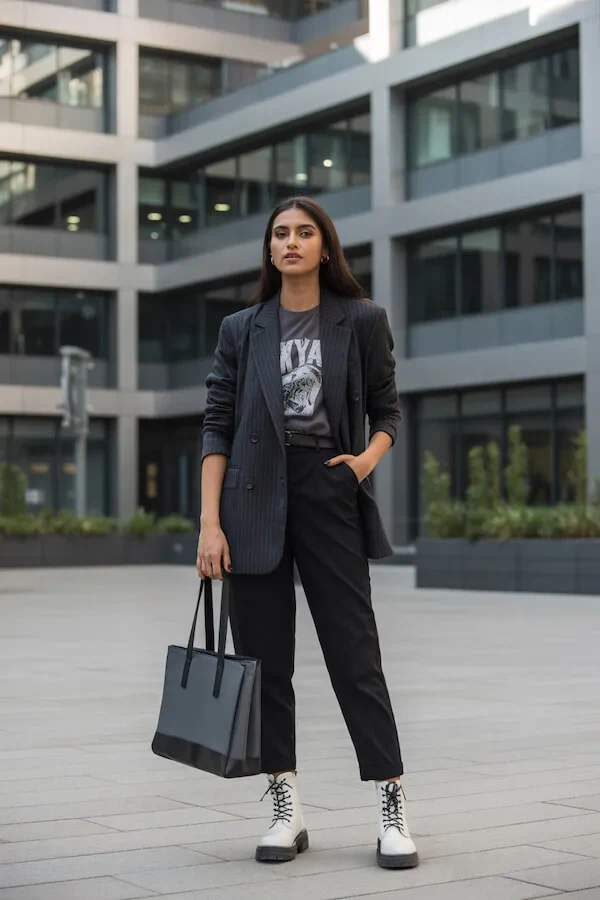 Charcoal Pinstripe Blazer with Graphic Tee and Black Trousers