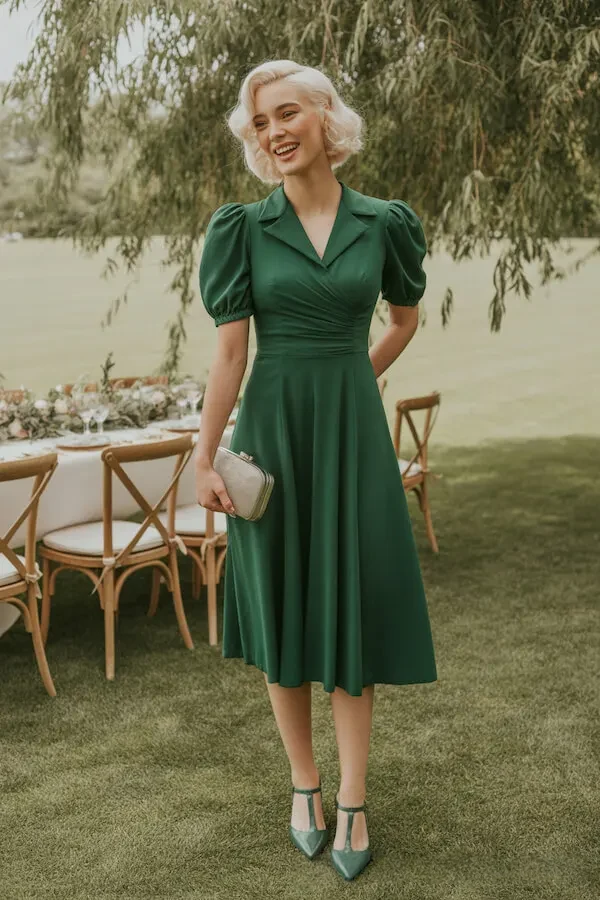Green Puff Sleeve Midi Dress with Notched Collar and Fitted Waist