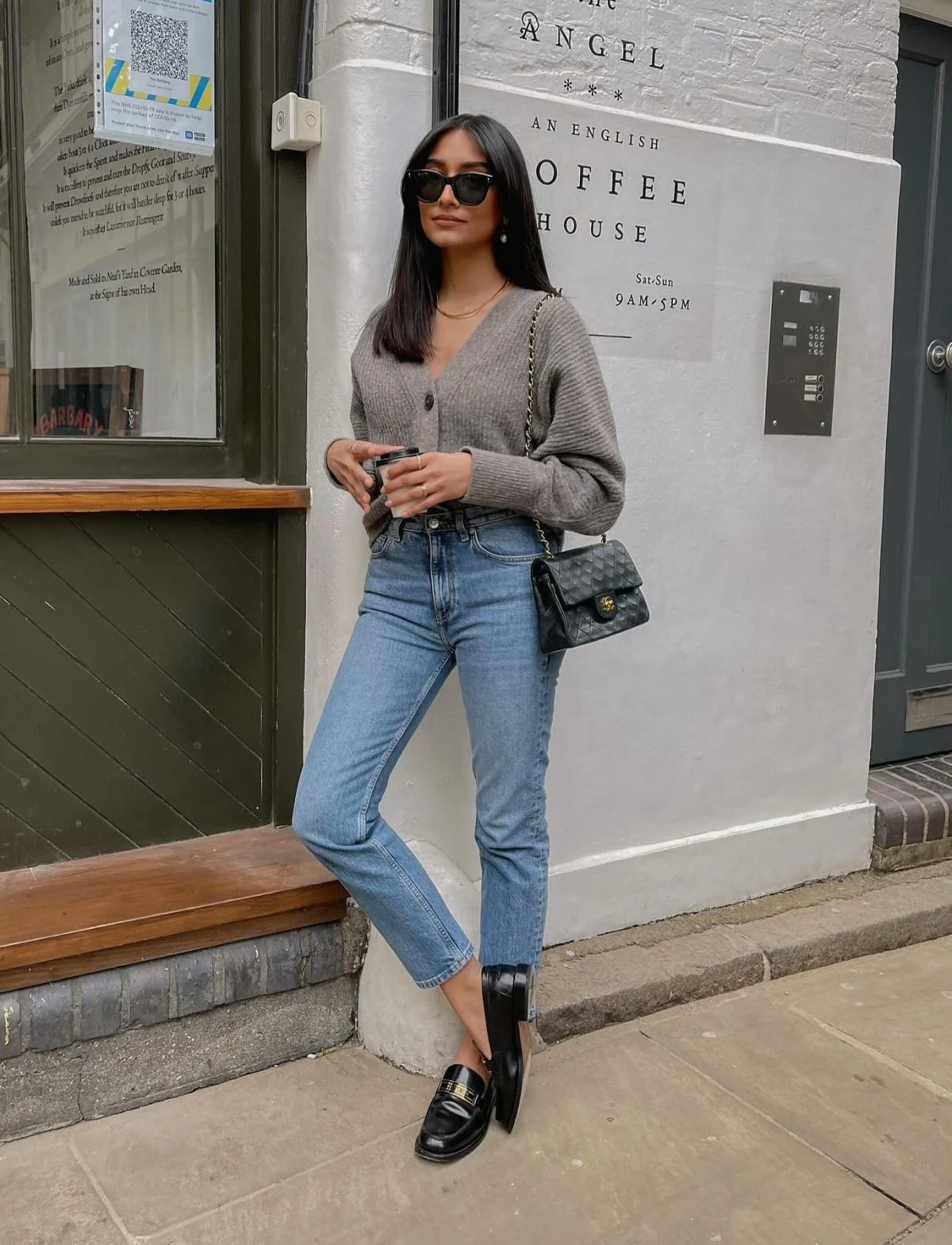 Grey Cardigan Outfit with Straight Leg Jeans