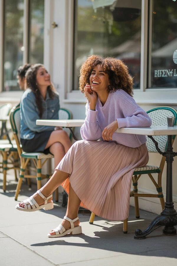 Lilac Ribbed Knit Sweater with Beige Pleated Midi Skirt
