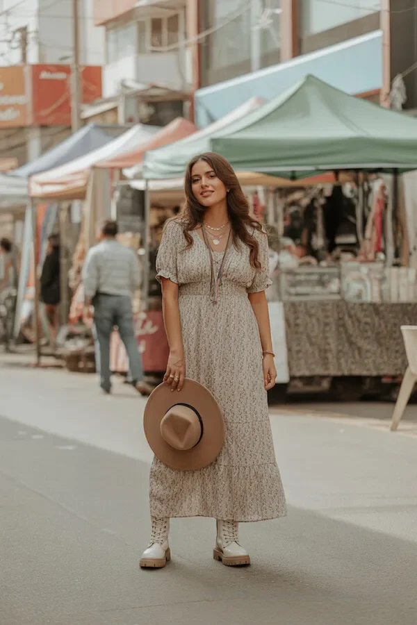Sage Green Floral Midi Dress with Puff Sleeves and Platform Sneakers