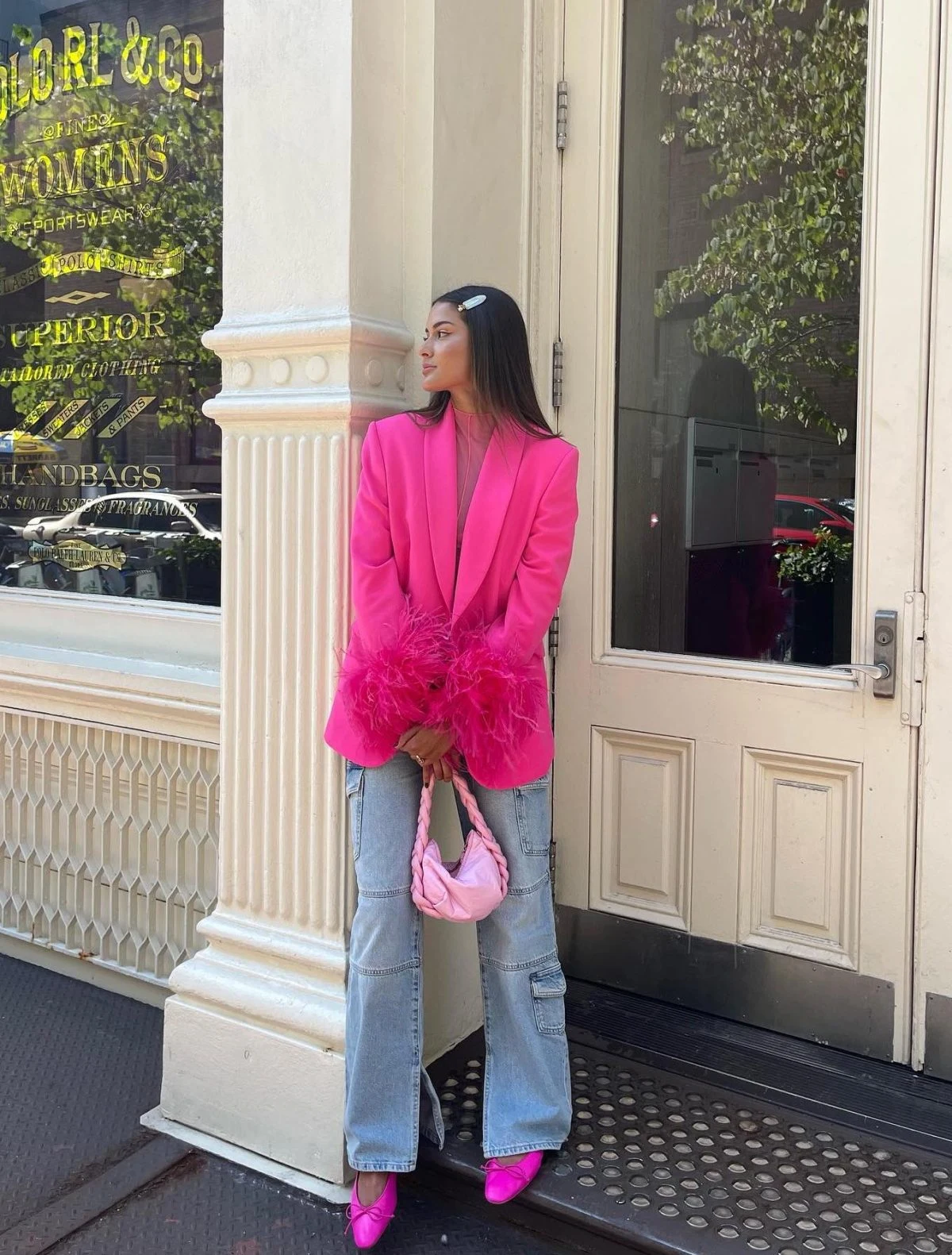 Hot Pink Blazer Outfit with Cargo Jeans and Feather Trim