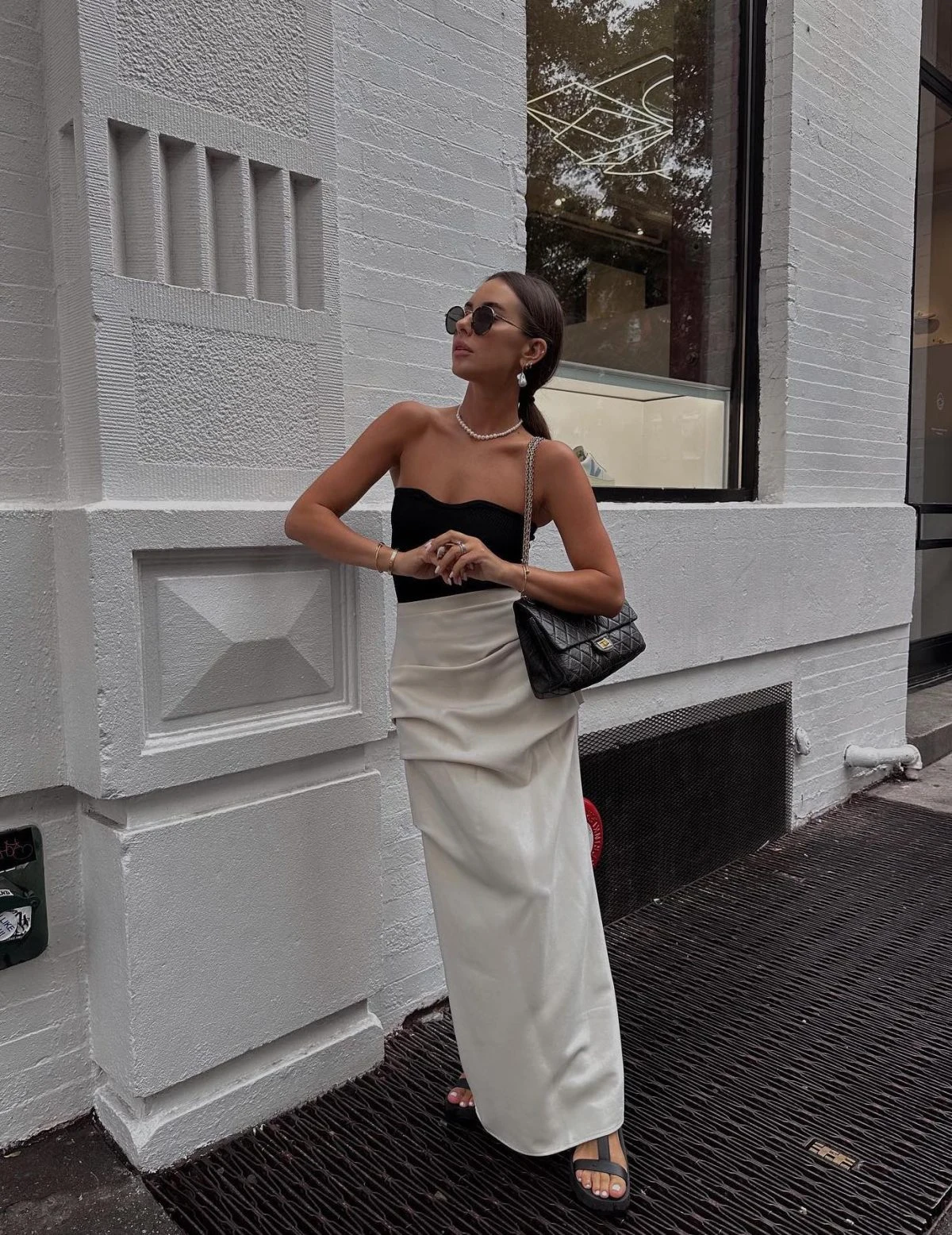 Black Bustier Beige Silk Skirt Evening Outfit