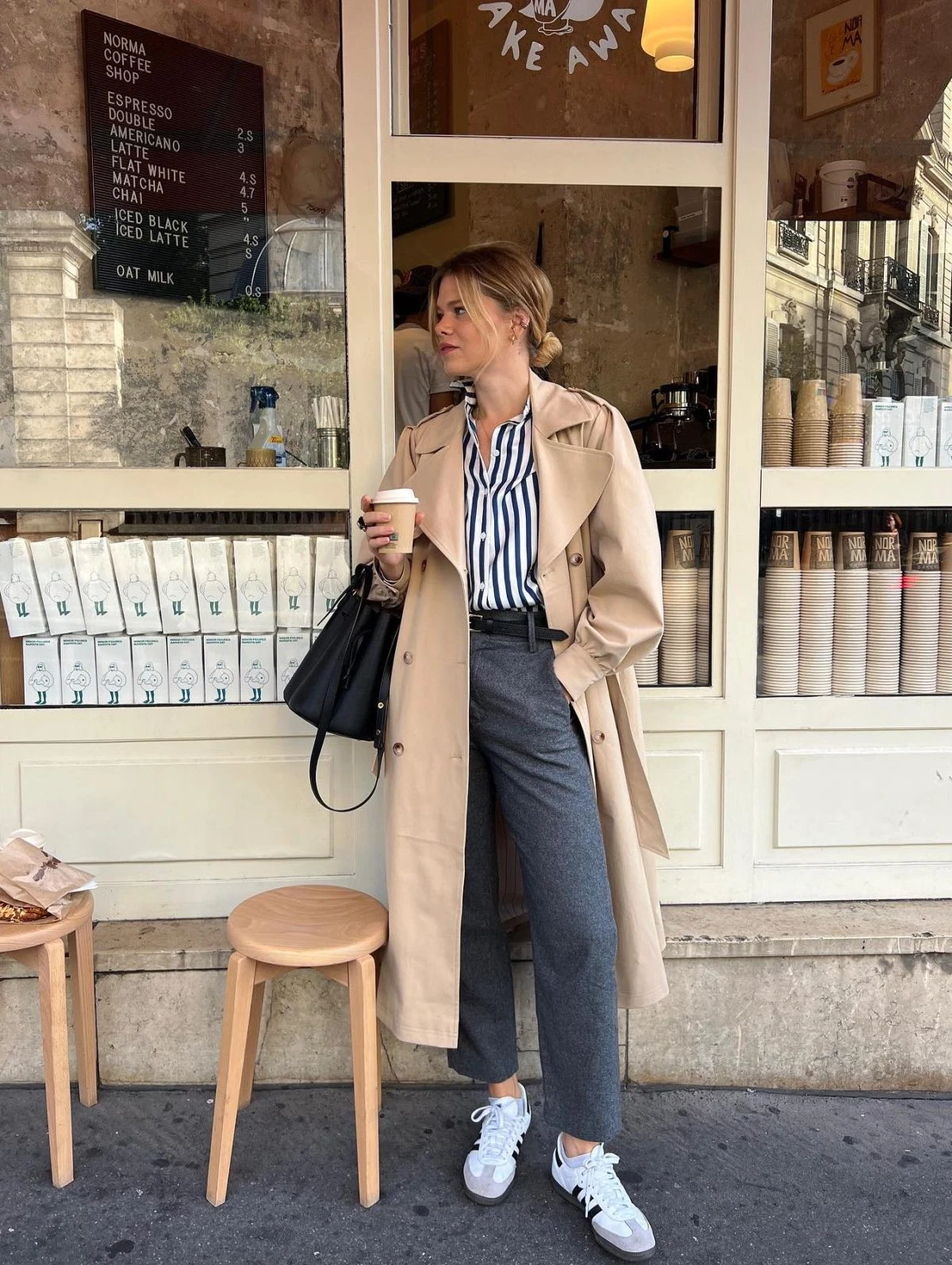 Beige Trench Coat Striped Shirt Grey Trousers Outfit