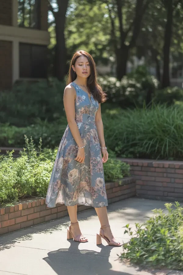 Blue Floral Midi Dress with Block Heel Sandals