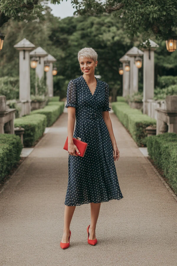 Navy Polka Dot Wrap Dress Outfit with Red Heels
