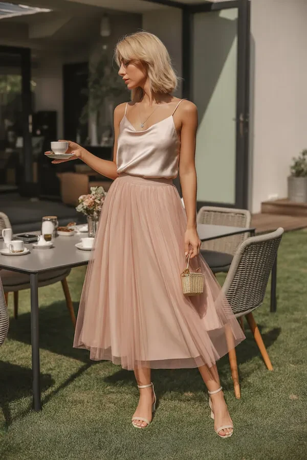 Champagne Silk Cami and Blush Tulle Midi Skirt Outfit