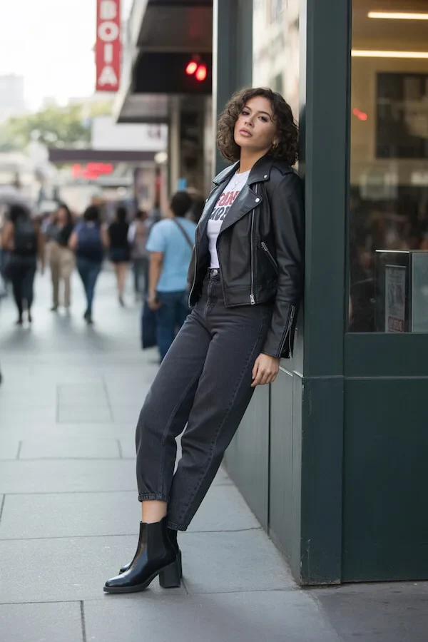 Black Leather Jacket Outfit with Grey Joggers and Graphic Tee