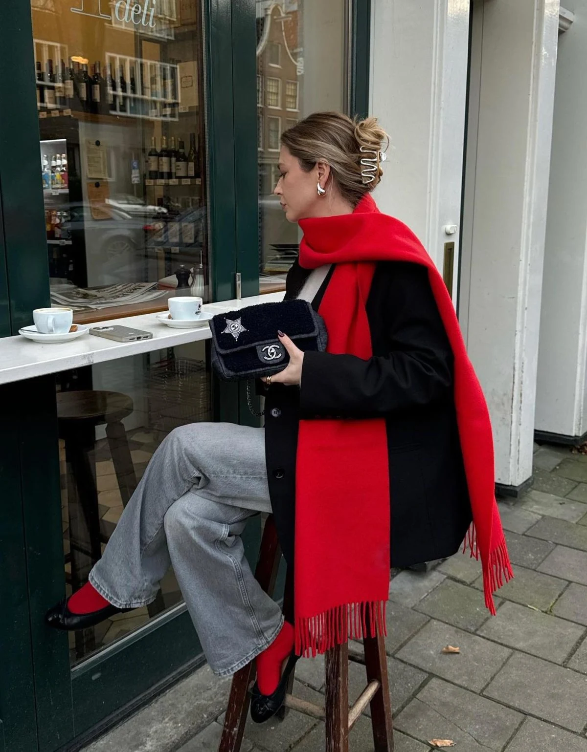 Black Coat Red Scarf Outfit with Wide-Leg Jeans
