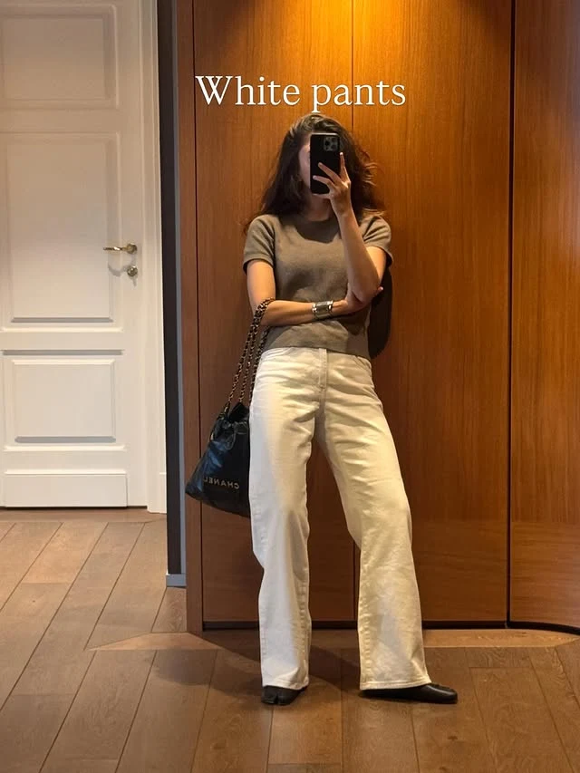 White Wide-Leg Trousers Outfit with Gray Tee
